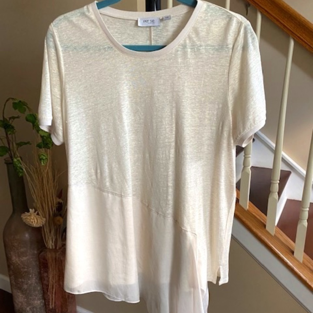 PER SE by Carlisle Women's Metallic Linen Top w/Silk Asymmetrical Layer Size 12